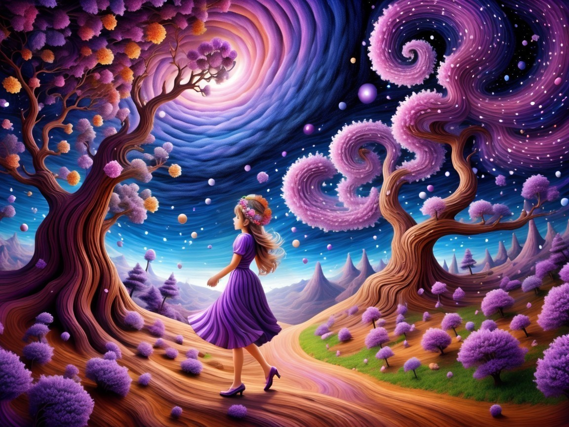 Surreal Landscape with a Girl in a Purple Dress