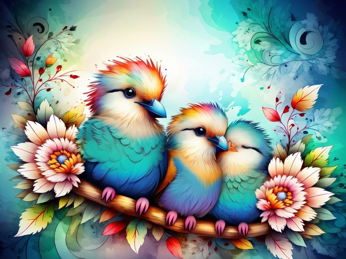 Colorful Birds on Branch with Flowers and Foliage