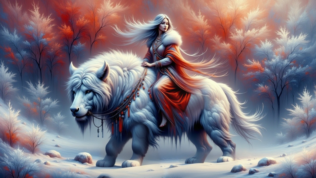 Winter Landscape with Woman on White-Furred Creature