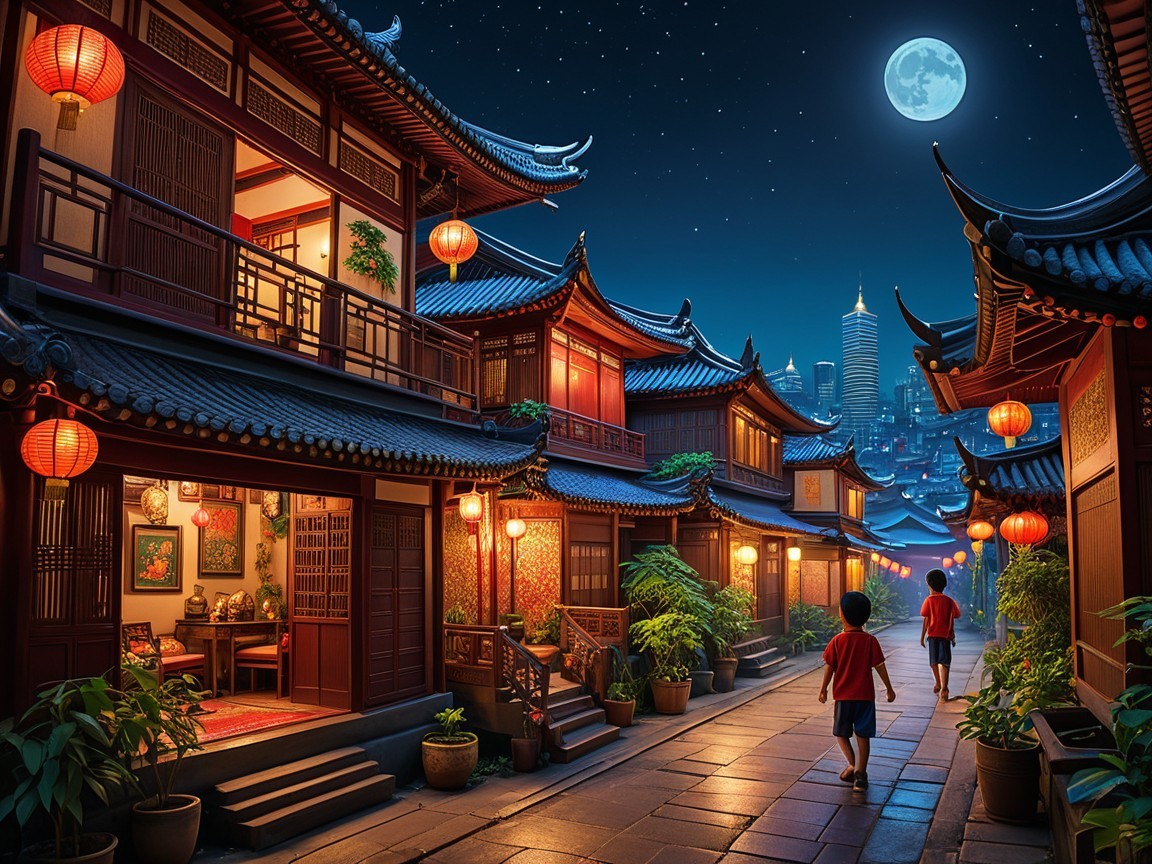 Serene Night Scene in an Ancient Alleyway