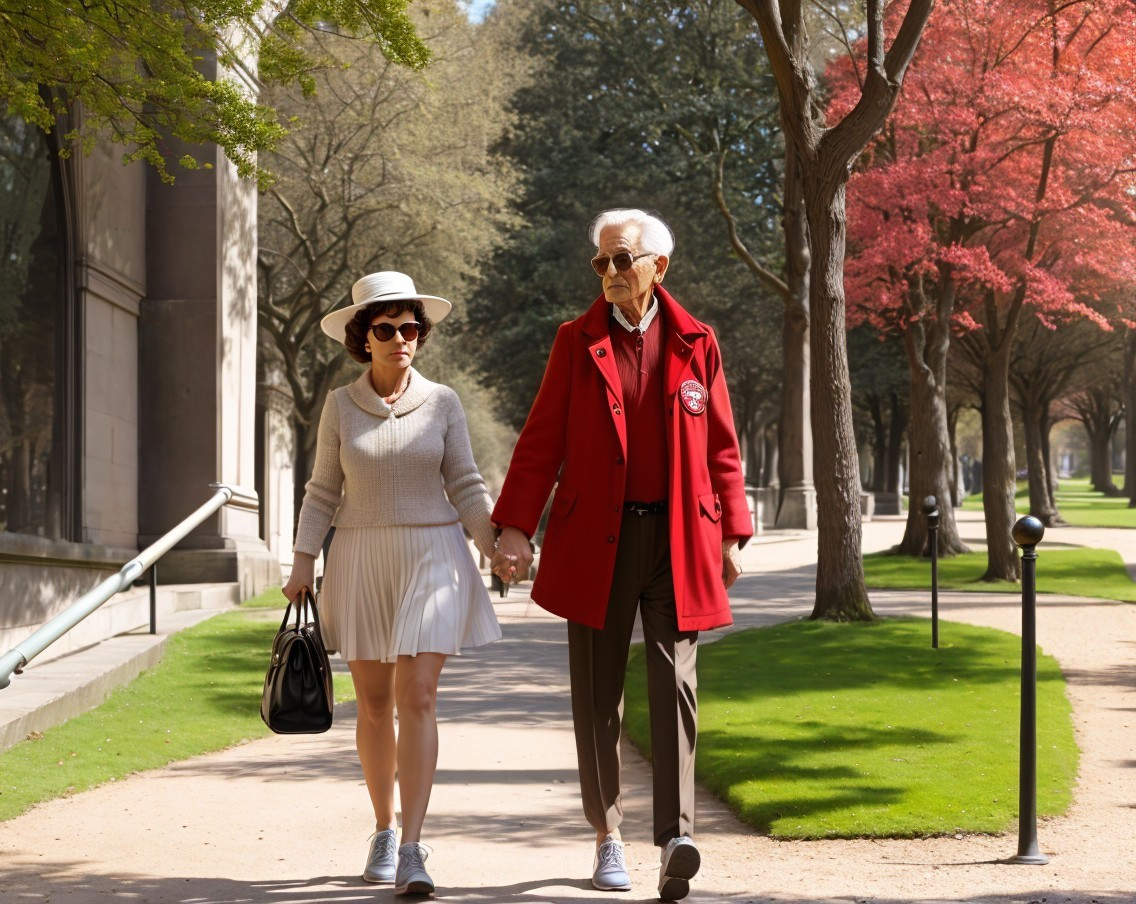 Stylish Couple Walking on a Tree-Lined Path