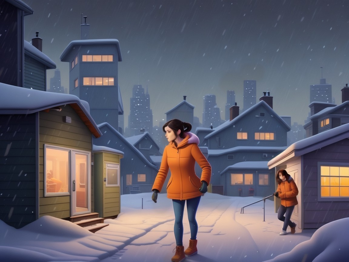 Snowy Urban Landscape with Figures at Twilight