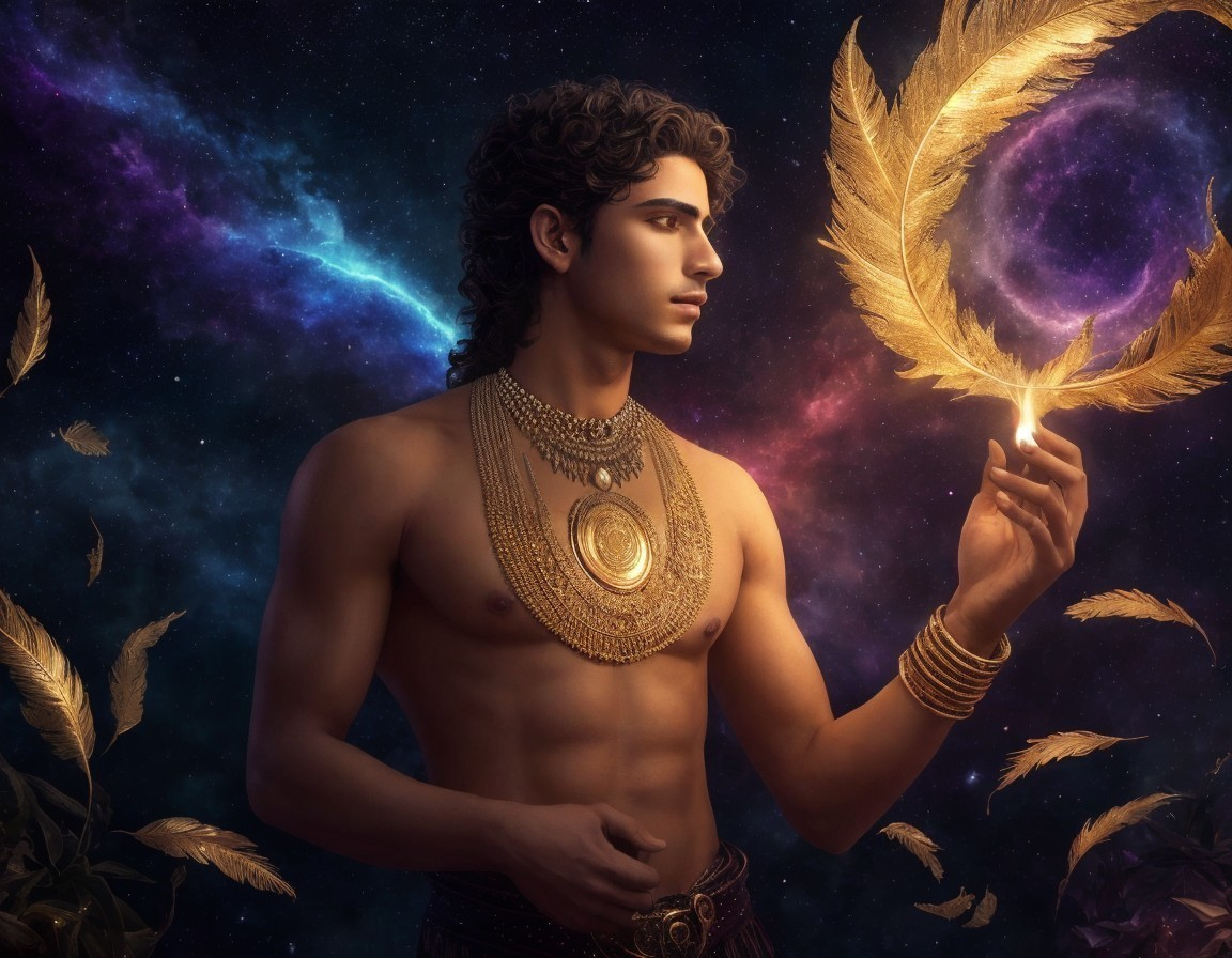 Young man in cosmic setting with golden feather