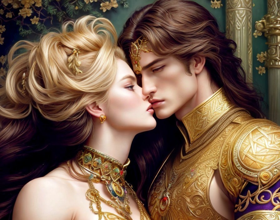 Romantic couple illustration in ornate gold attire embracing tenderly
