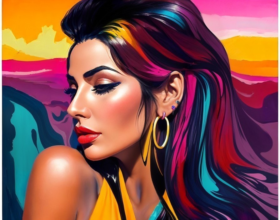 Portrait of a Woman with Multicolored Hair and Makeup