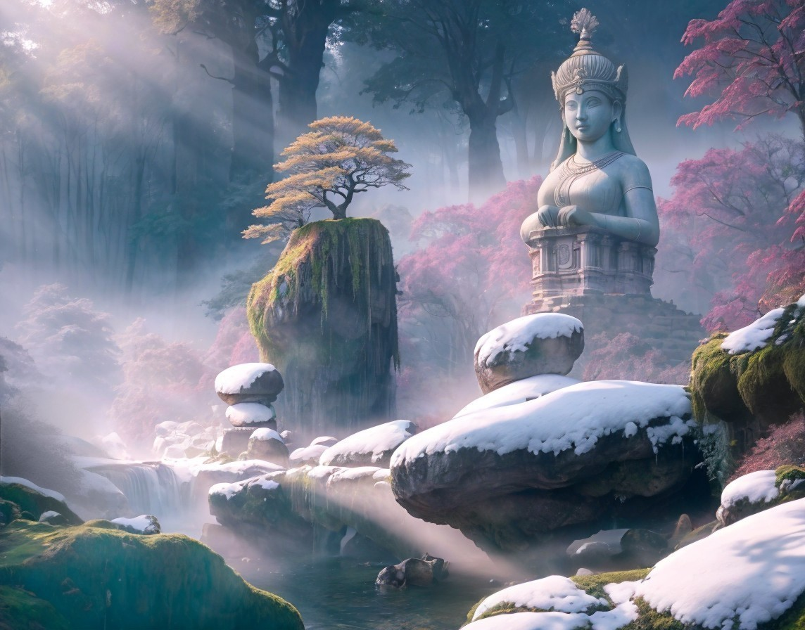 Serene landscape with deity statue and autumn trees