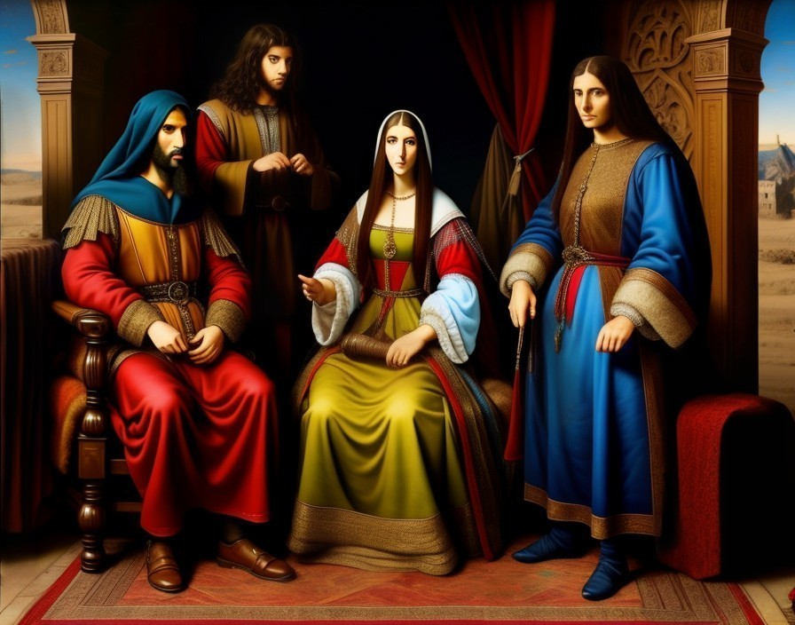 Four Figures in Colorful Historical Garments Indoors