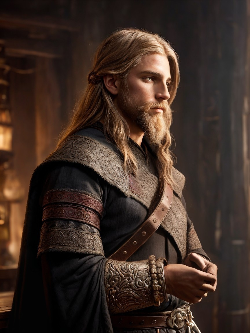 Noble warrior in dimly lit room with intricate attire