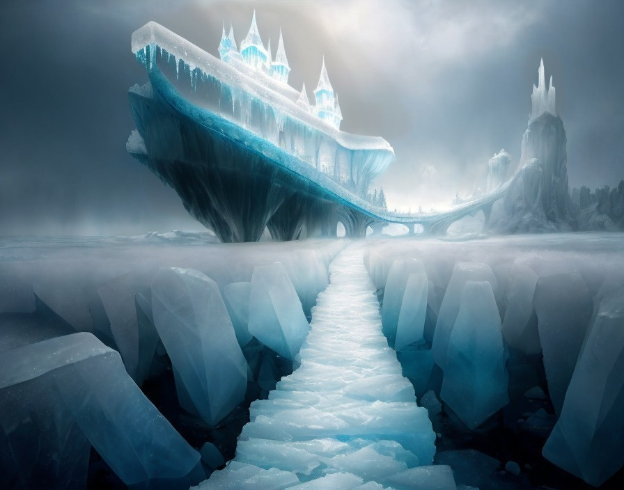 Fantastical ice castle and spire in mystical frozen landscape