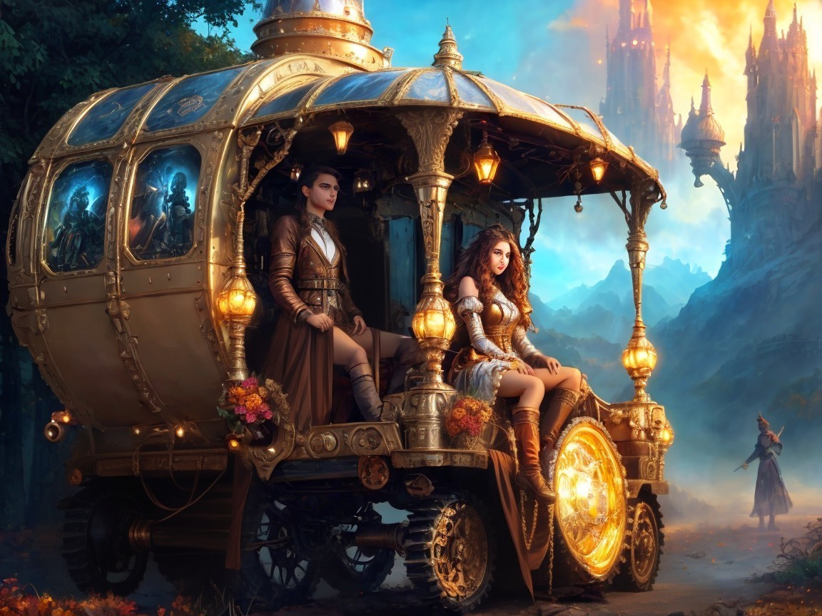 Lavish Golden Carriage with Elegant Women and Castles