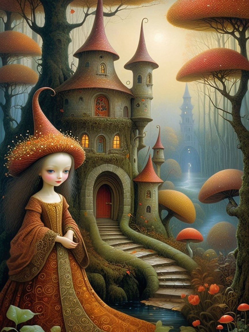 Whimsical Forest Scene with Castle and Young Girl