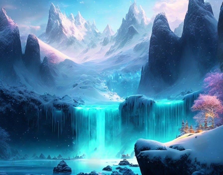 Luminous blue waterfall in serene winter landscape