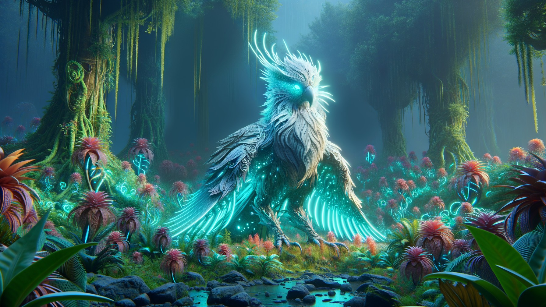 Majestic Bird in a Mystical Bioluminescent Forest
