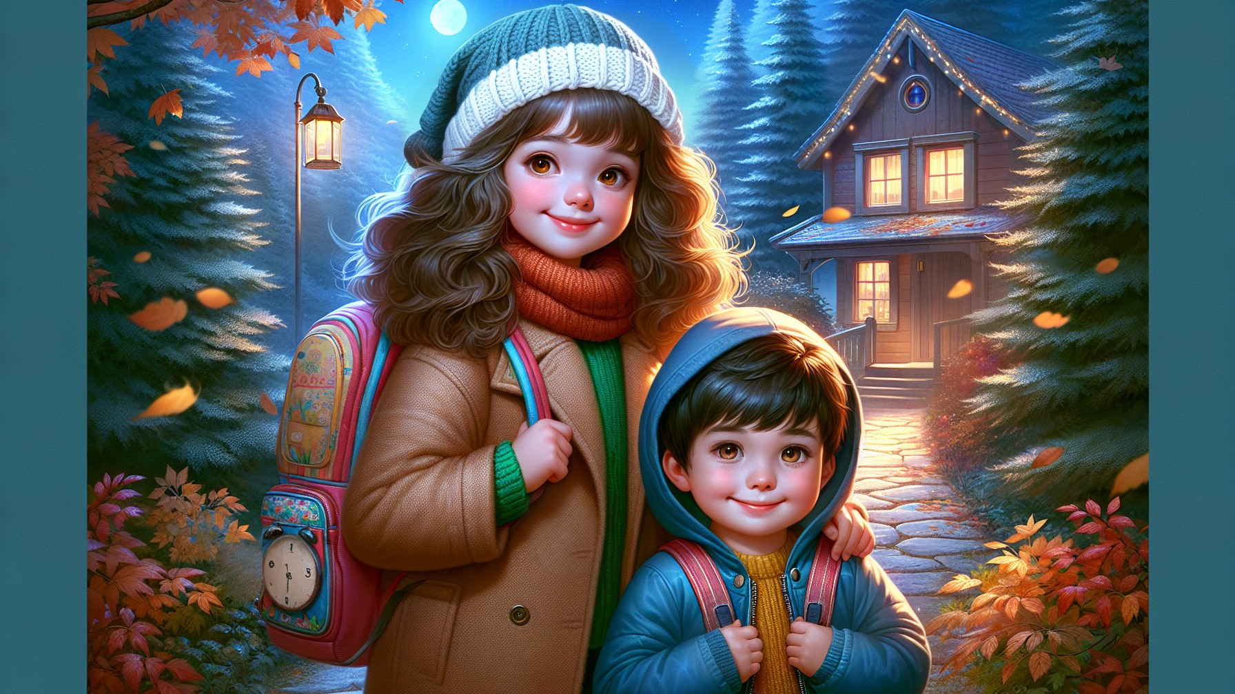 Children in Autumn Forest by Cozy Cabin at Night