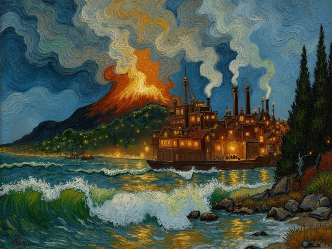 Industrial Port at Twilight with Erupting Volcano