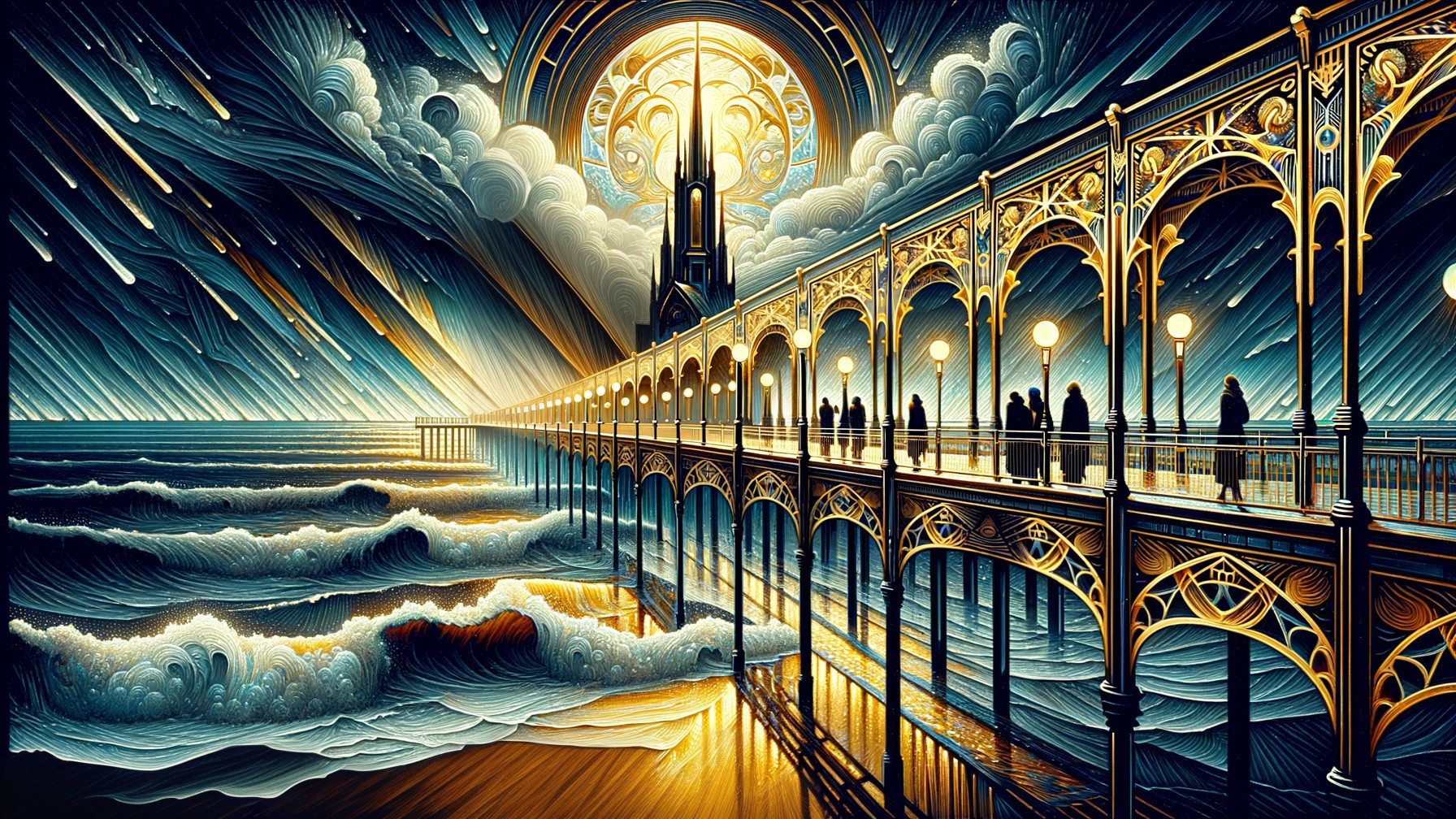 Seaside Pier at Sunset with Illuminated Street Lamps