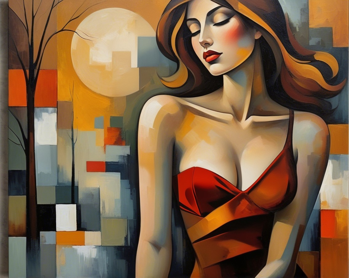 Stylized Woman in Red Dress with Geometric Background