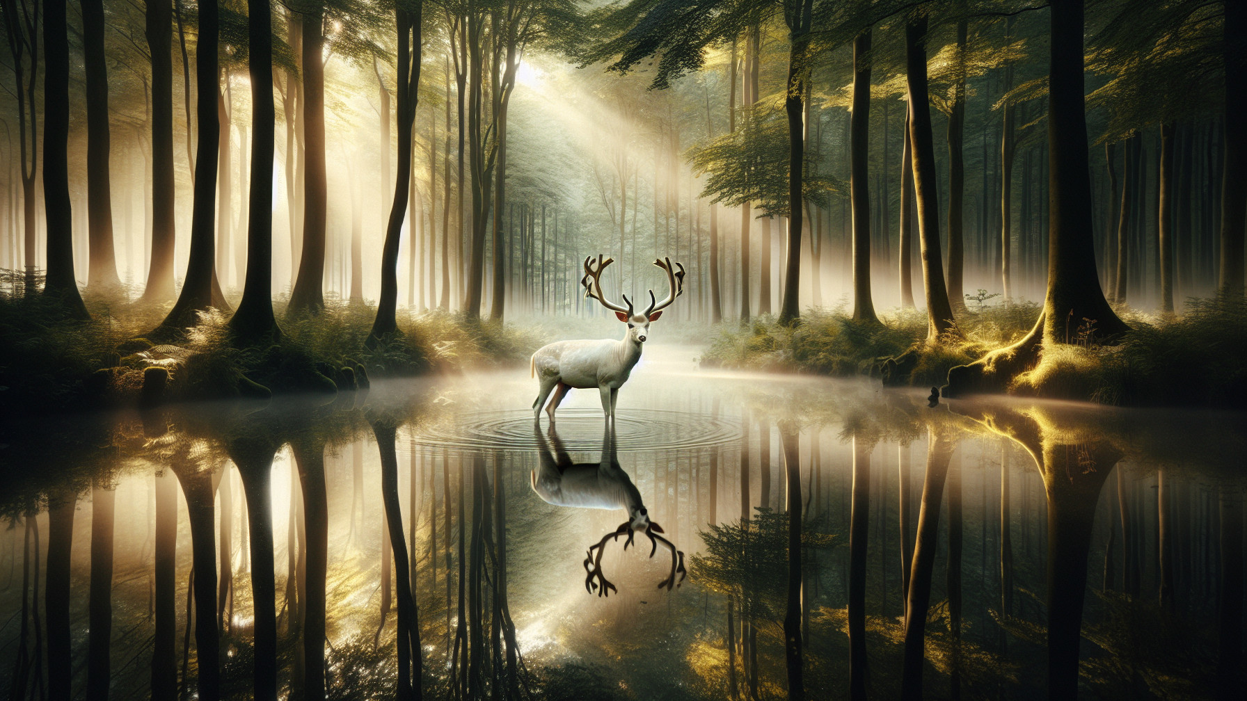 Majestic white deer in a serene forest pool