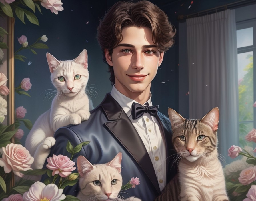 Young man in suit with cats among roses and sunlight