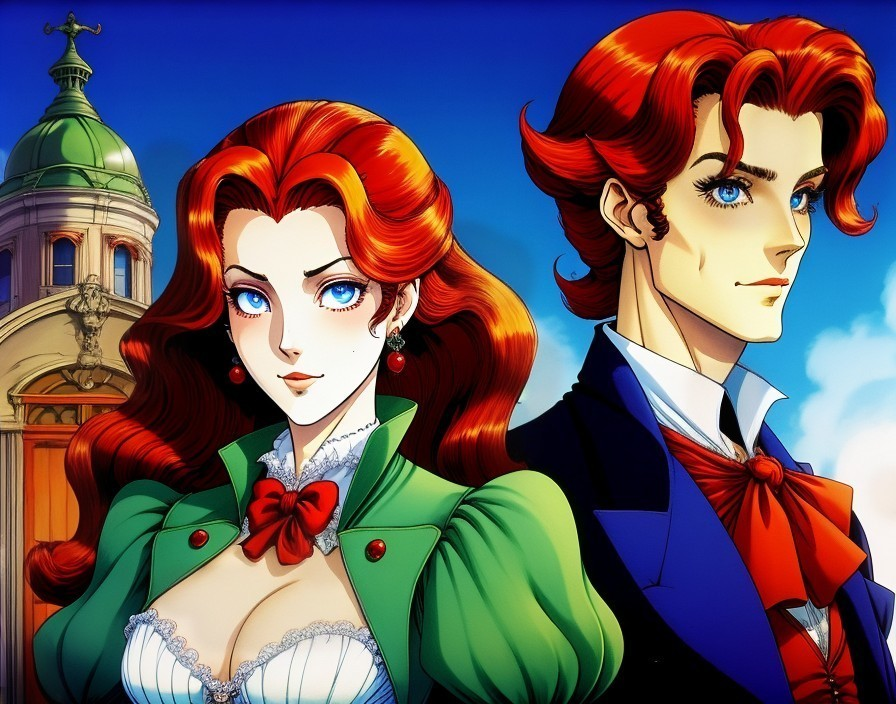 Animated Couple in Victorian Style Against Blue Sky