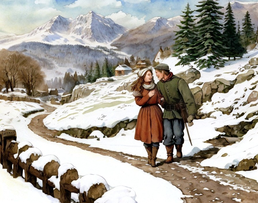 Couple walking in snowy village with mountains - Serene winter scene