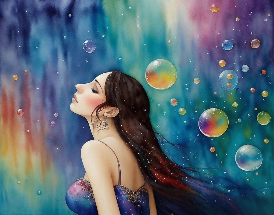 Woman with closed eyes in colorful bubble galaxy scene