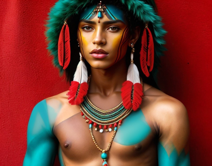 Vibrant Makeup and Body Paint with Feather Headdress