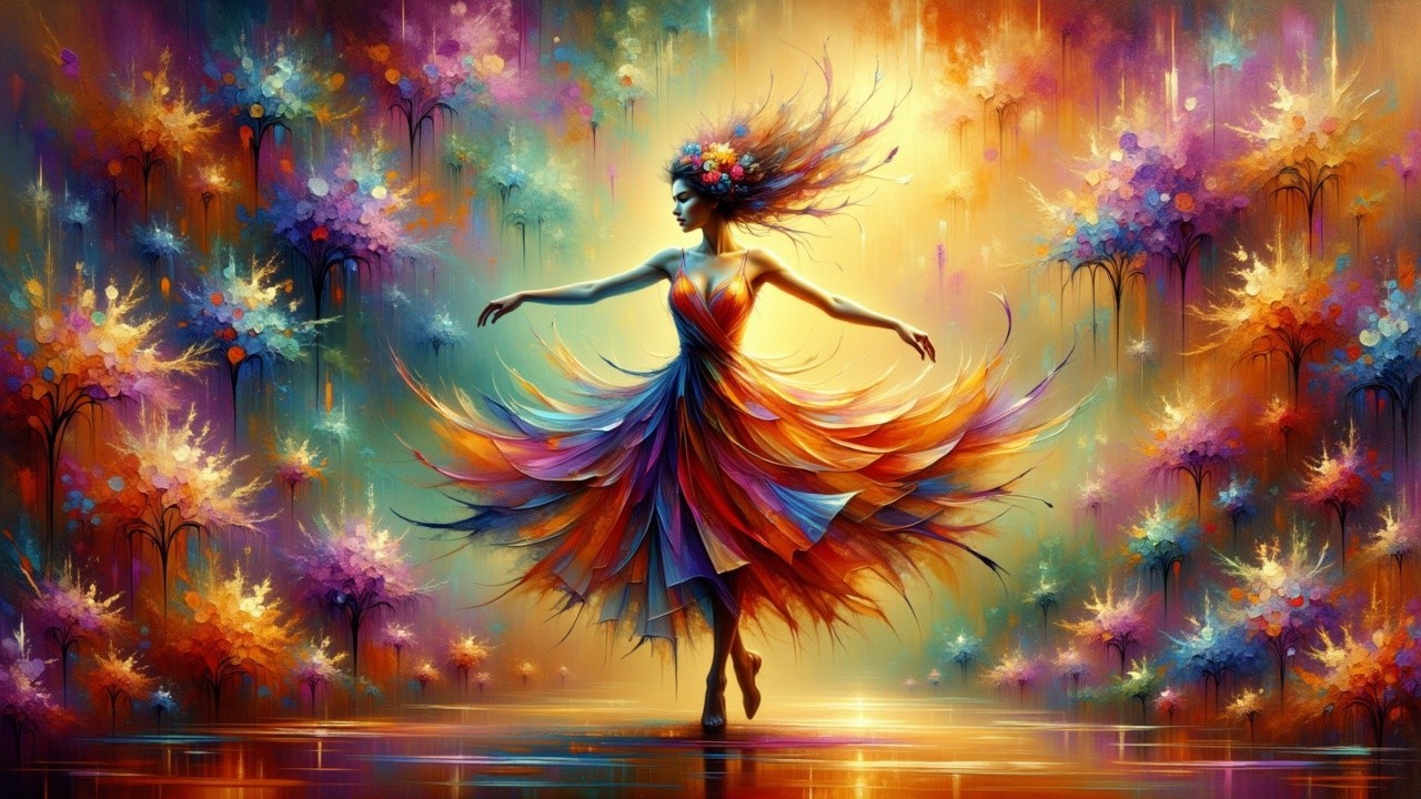 Elegant Figure in Vibrant Multicolored Dress