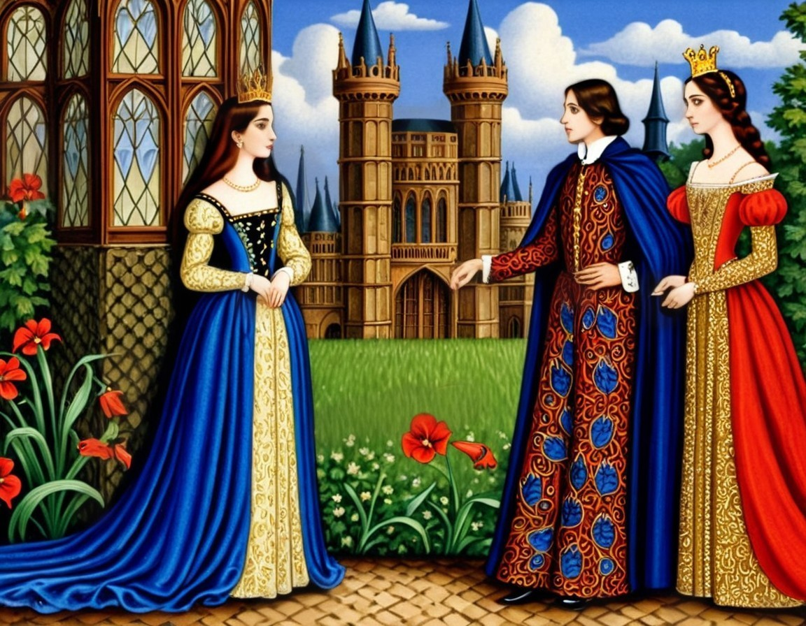 Elegant Figures in a Garden by a Grand Castle