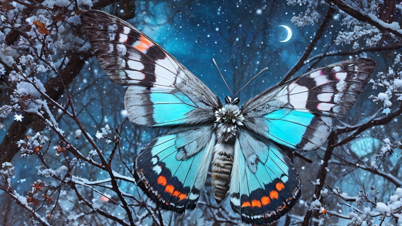 Butterfly on Frosty Branch in Winter Scene