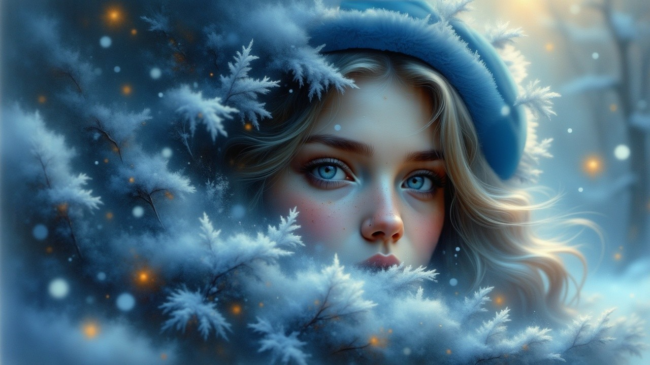Young woman with blue eyes in a frosty landscape