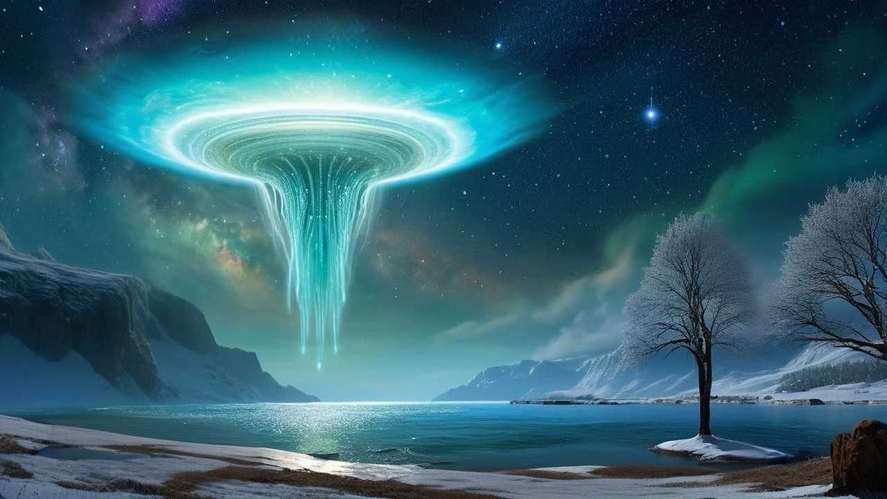 Surreal Landscape with Glowing Vortex and Mountains