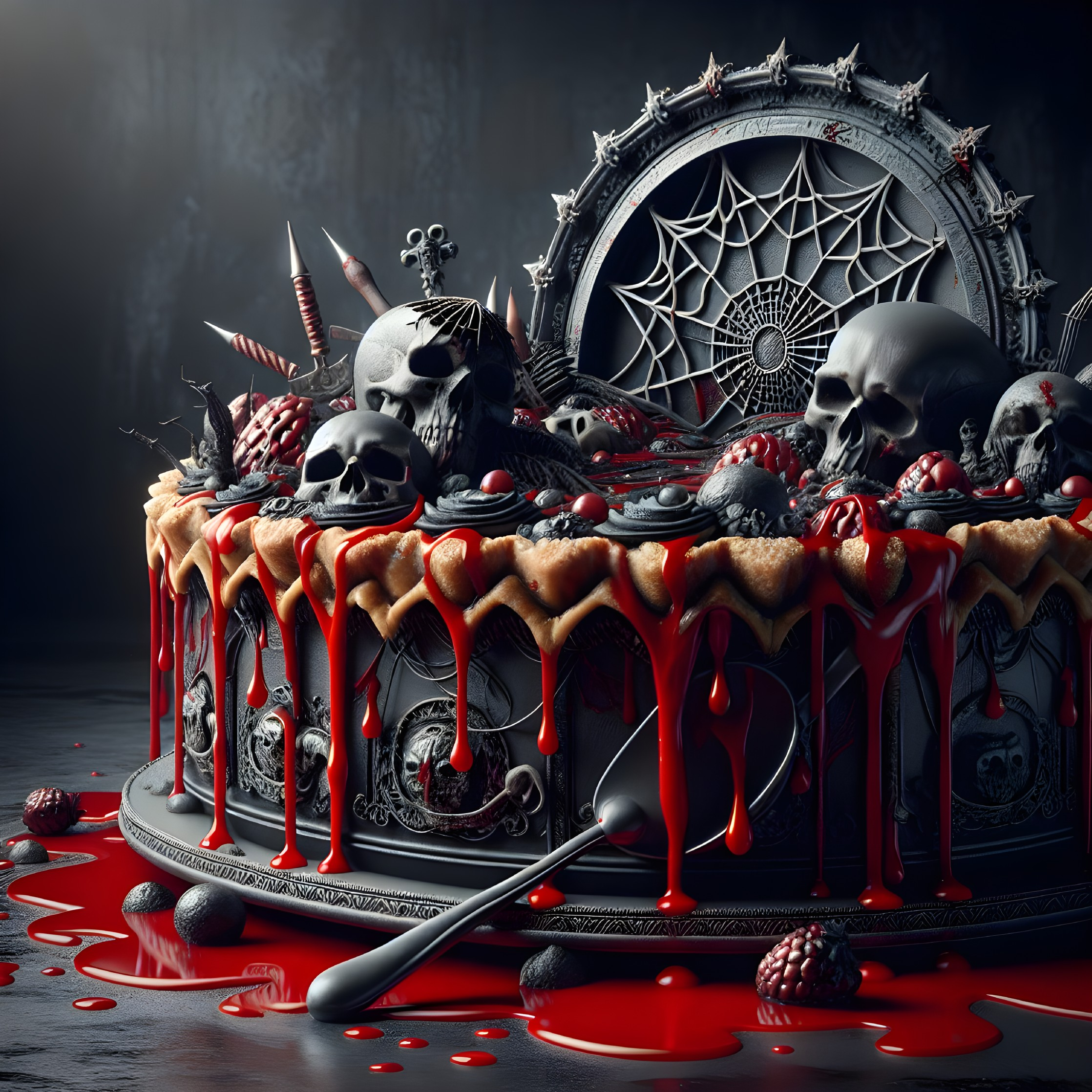 Gothic Cake with Skull and Spider Decorations