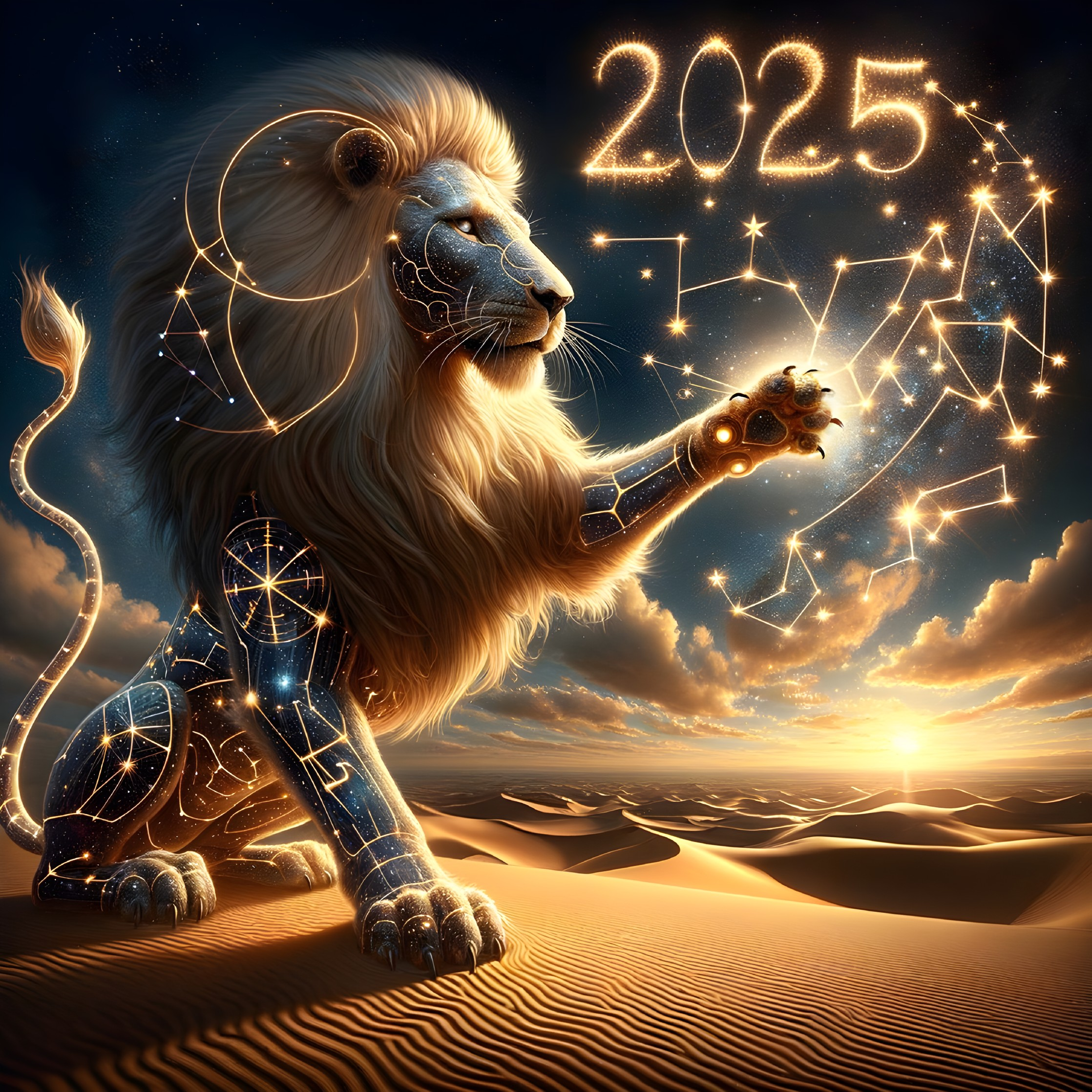 Cosmic Lion Mane with Stars in Desert Sunset Scene