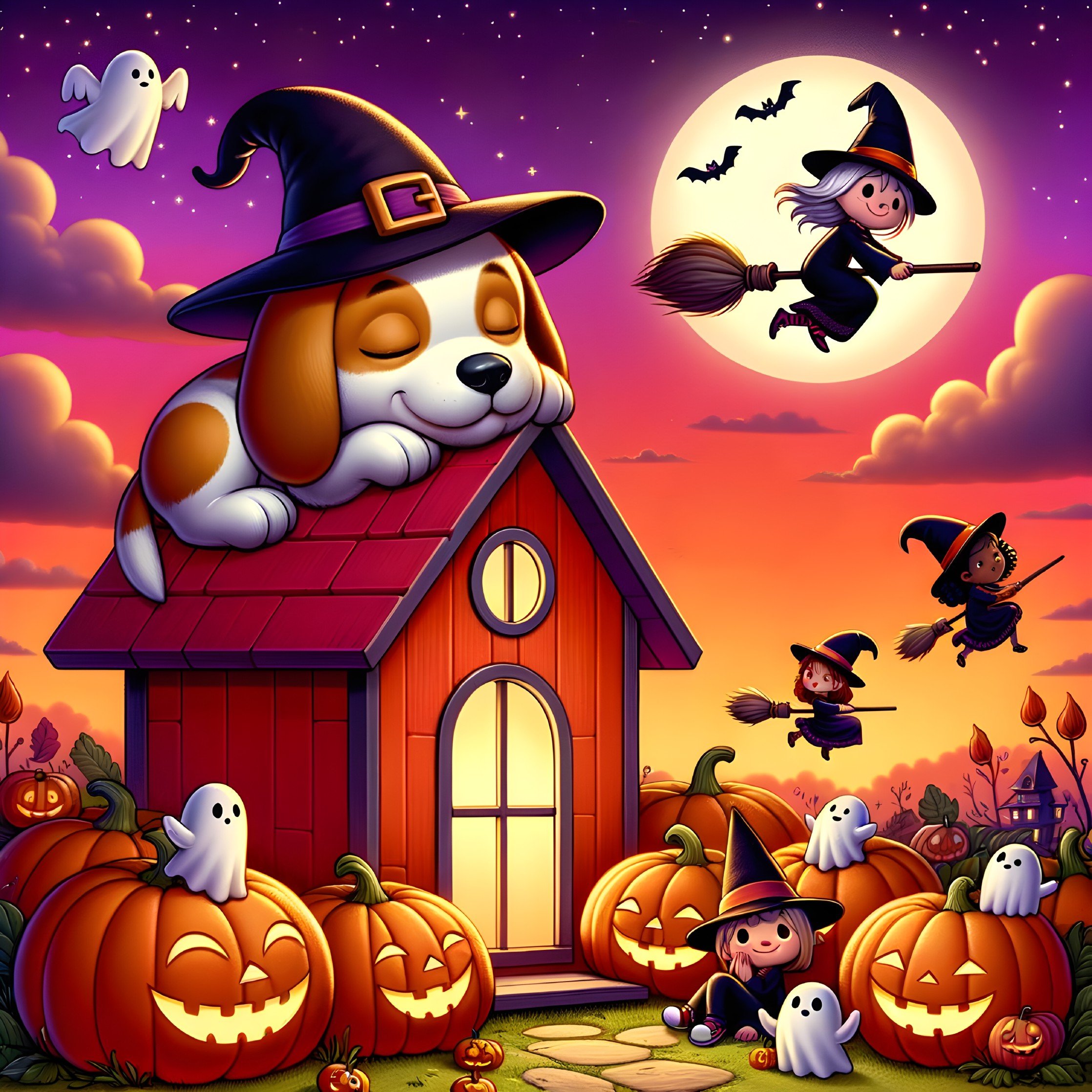 Whimsical Halloween Scene with Dog and Children