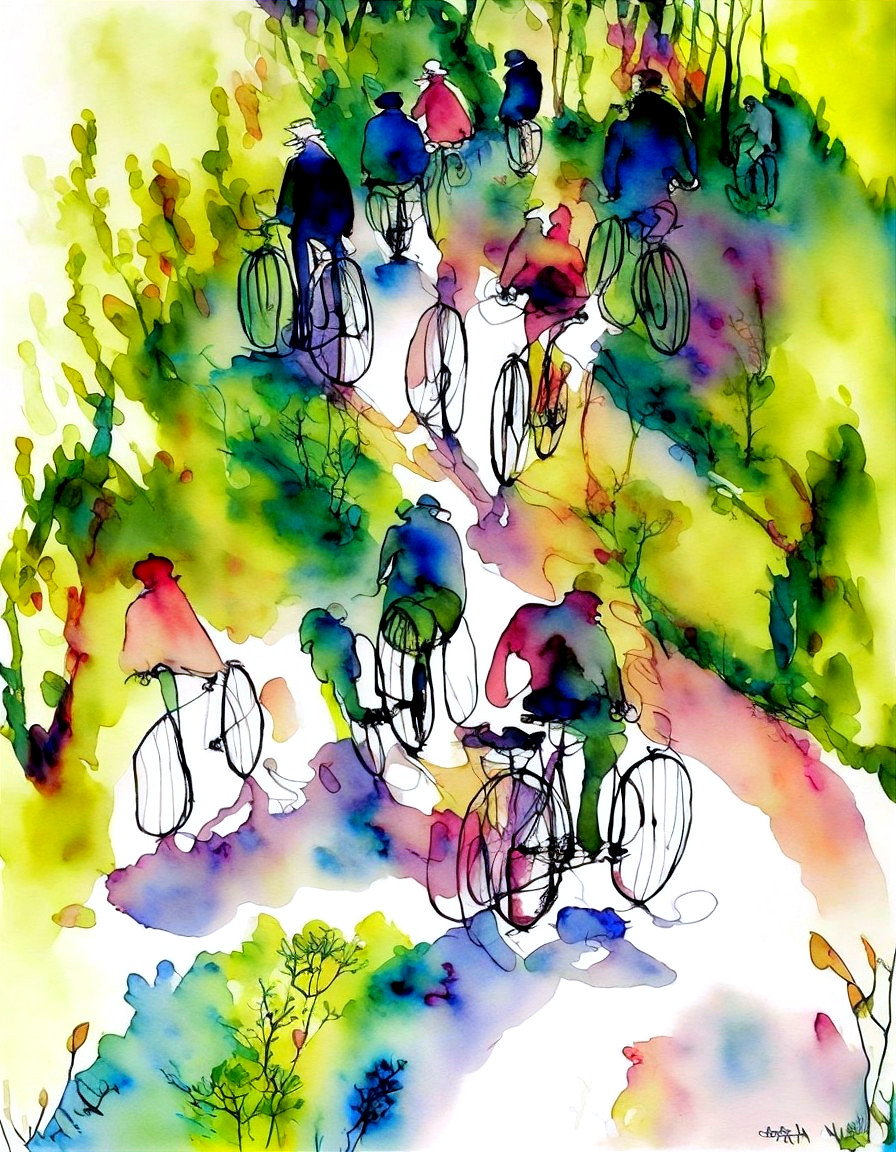 Colorful Watercolor Painting of Cyclists in Abstract Landscape