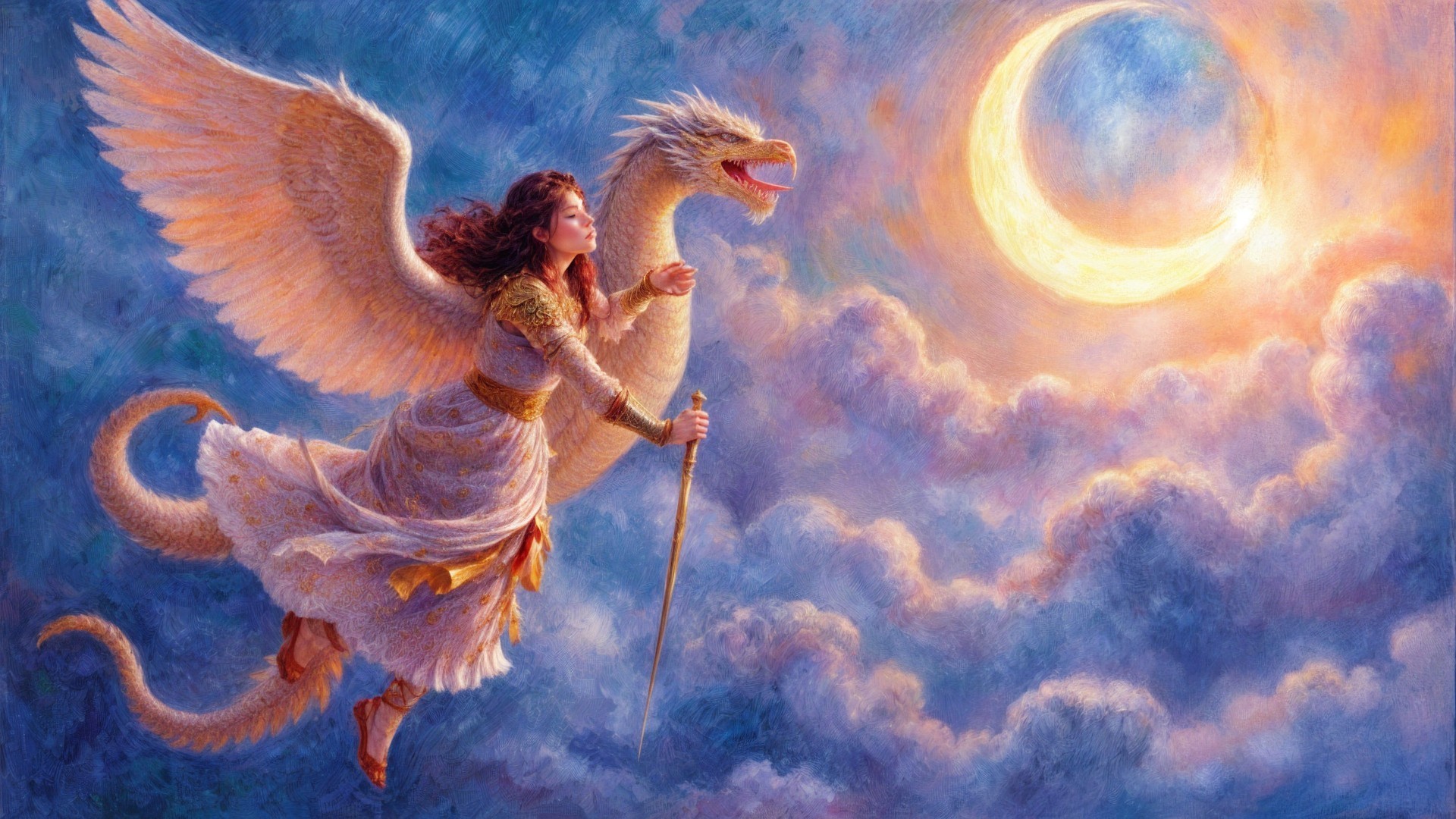 Majestic angel and dragon in a celestial scene