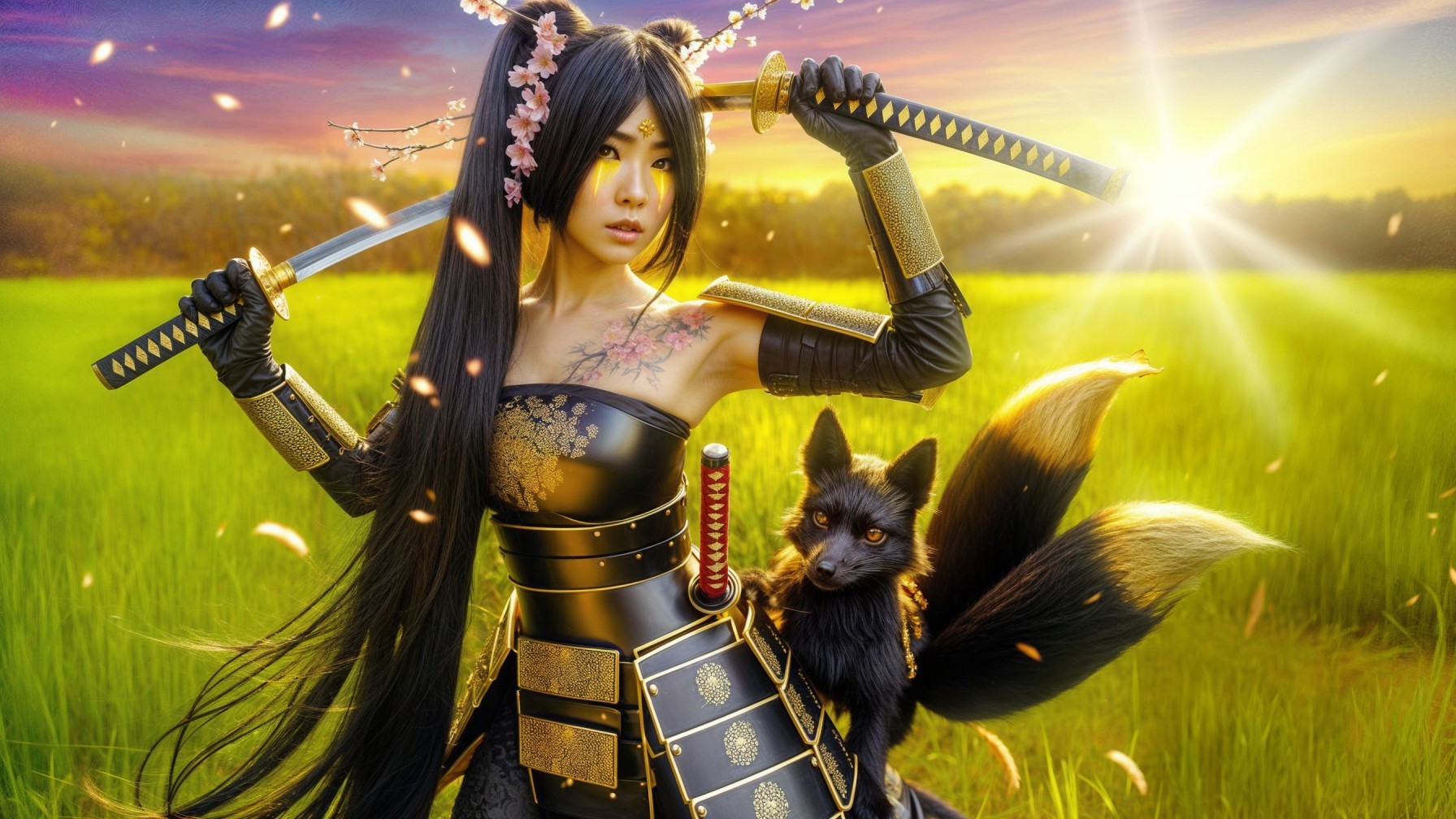 Fierce warrior in black armor with dual swords at sunrise