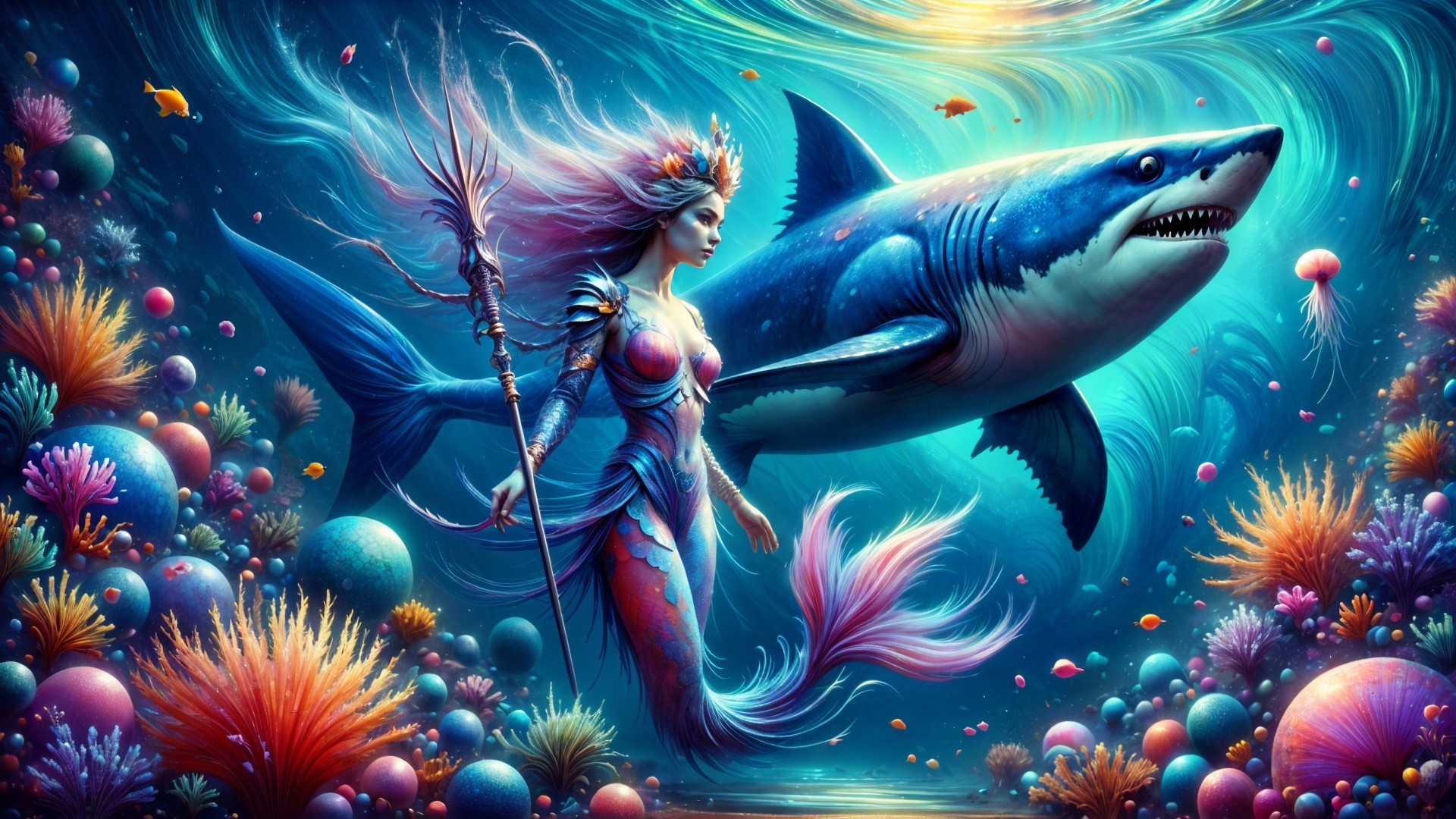 Majestic mermaid in vibrant underwater fantasy scene