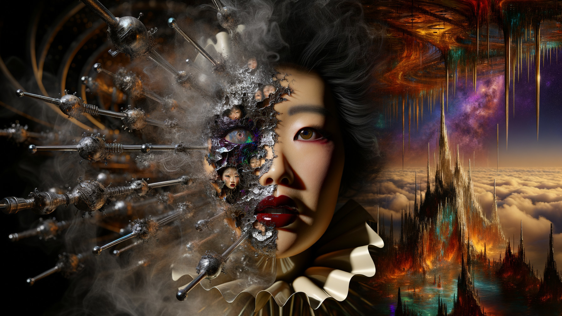 Surreal Woman's Face with Futuristic Landscape Elements