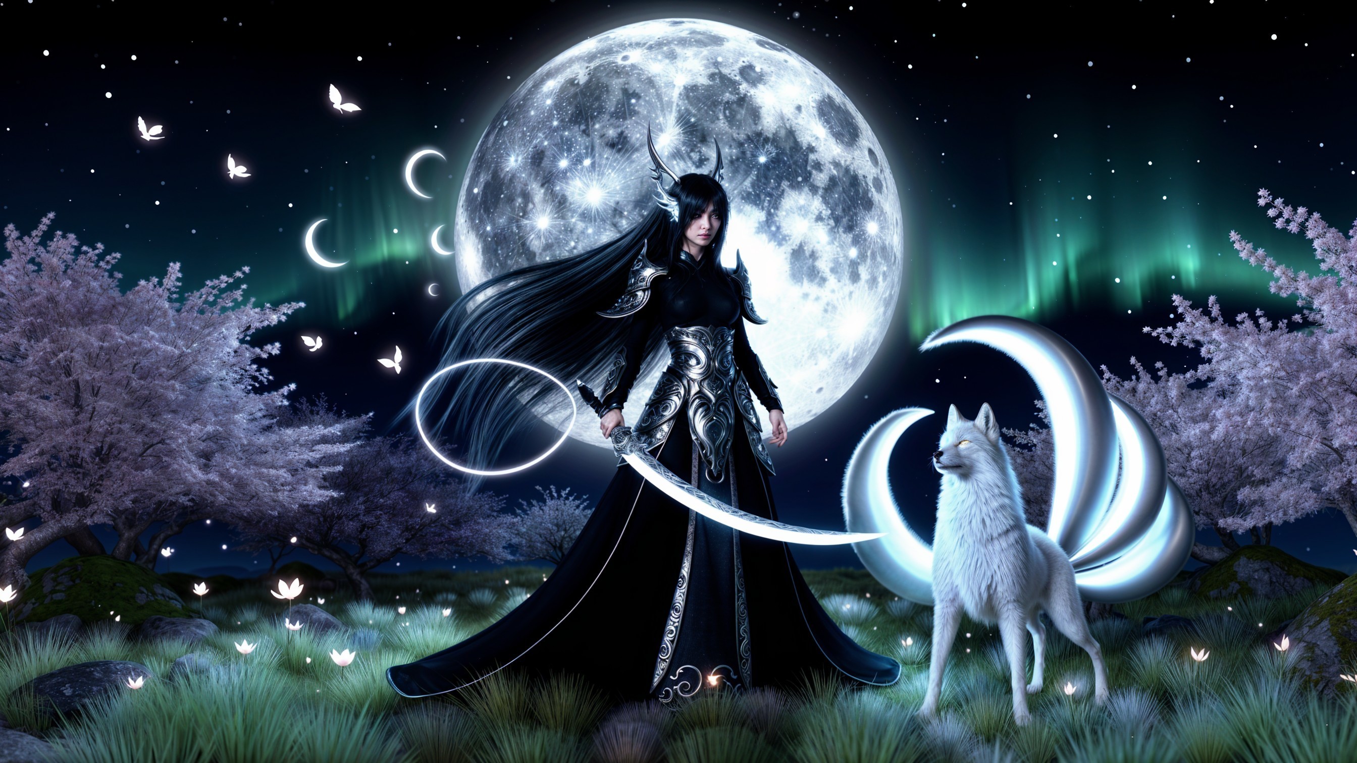 Warrior in Black Armor with White Wolf Under Moonlight