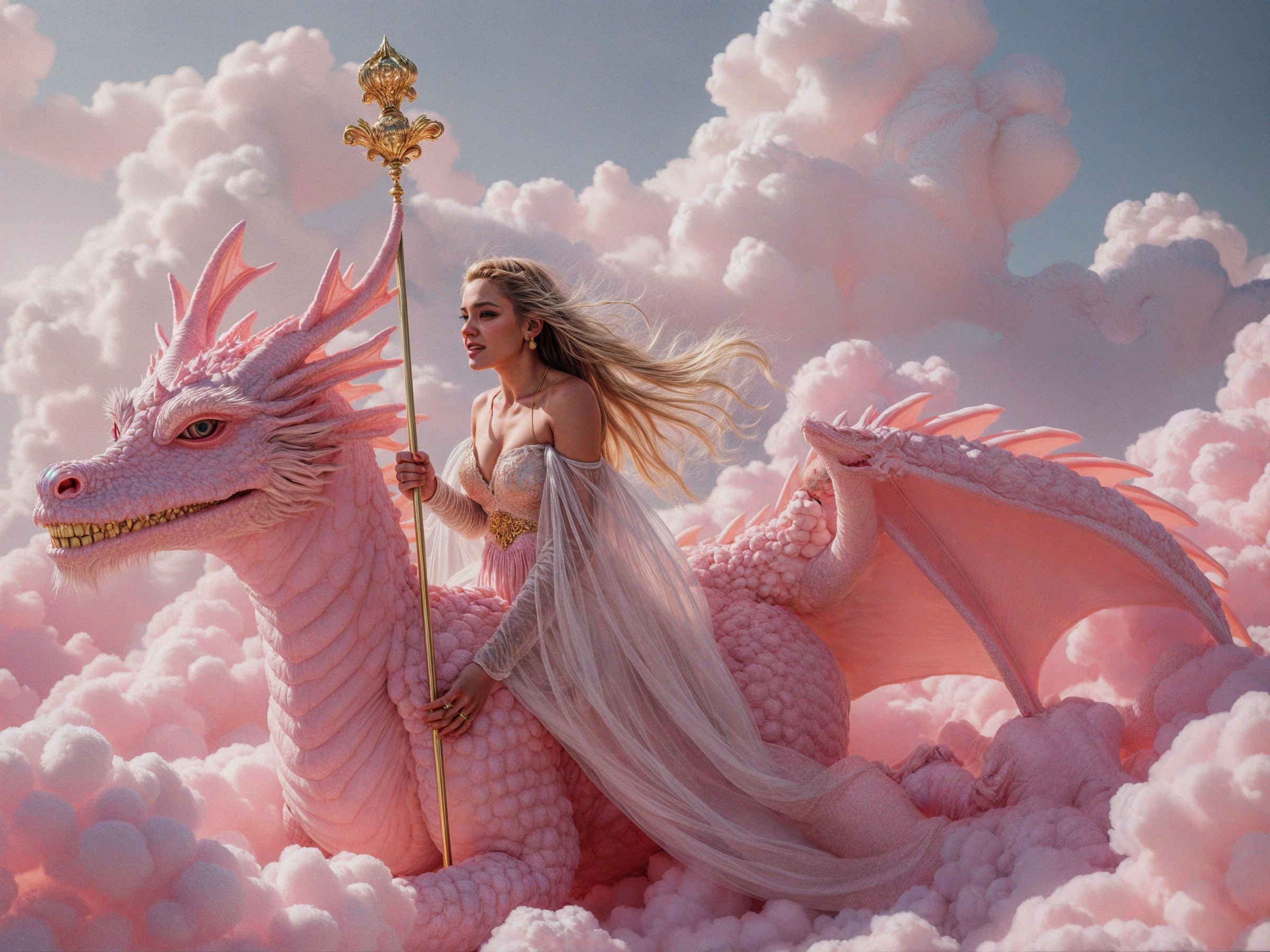 Woman on Pink Dragon in Dreamy Cloud Landscape