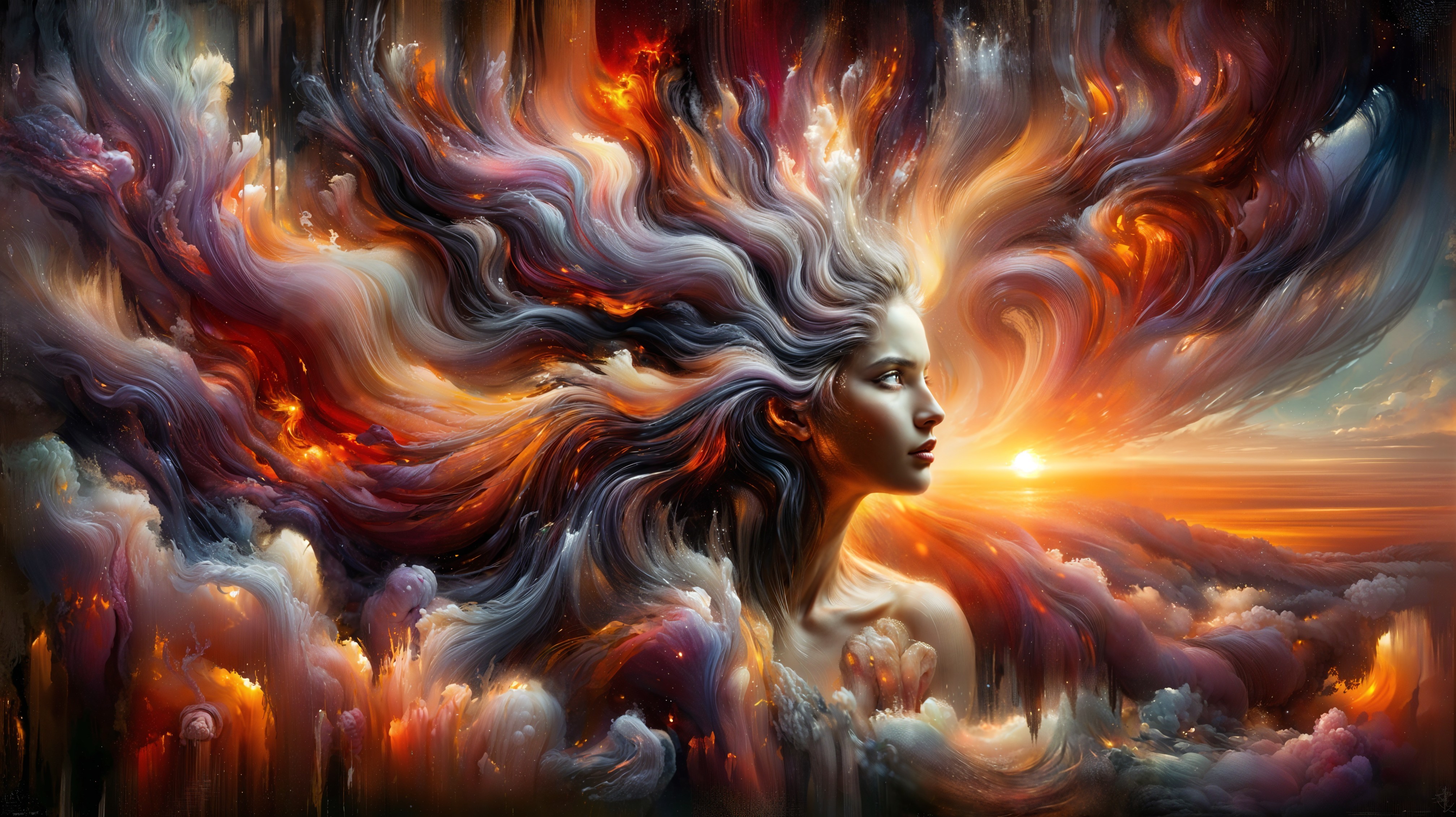 Surreal Portrait of Woman in Vibrant Color Swirl