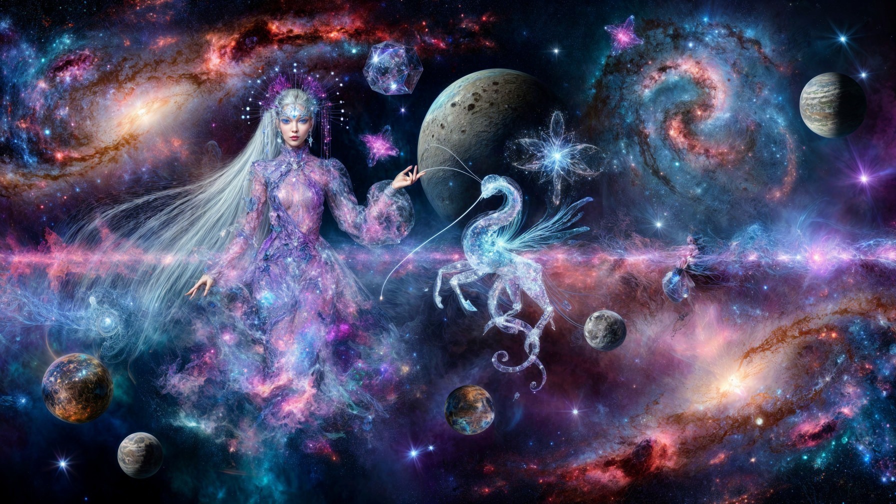 Celestial Figure with Unicorn in Cosmic Setting