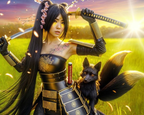 Fierce warrior in black armor with dual swords at sunrise