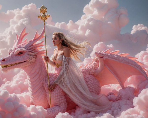 Woman on Pink Dragon in Dreamy Cloud Landscape