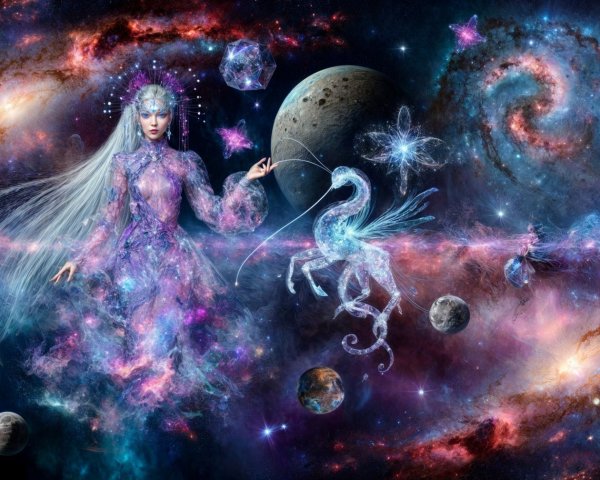 Celestial Figure with Unicorn in Cosmic Setting