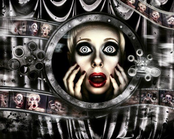 Startled Woman in Circular Film Reel with Eerie Background