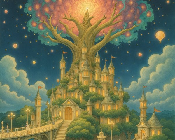Whimsical Castle with Glowing Towers and Balloons