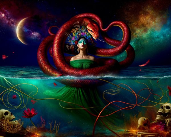 Fantasy Scene with Woman, Serpent, and Cosmic Elements